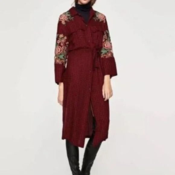 Zara trf Duster Tunic Dress Red Navy Plaid Embroidered Floral Belted size XS - Picture 14 of 14